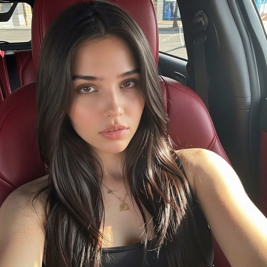 Close-up car selfie of an original AI-generated character with long dark hair, in a black top. Not a real person.