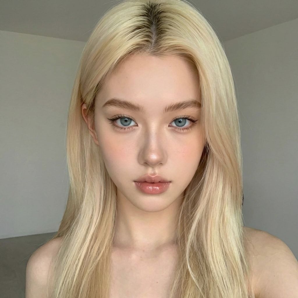 Blonde AI character, front view, soft expression.