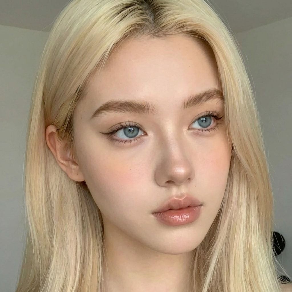 Blonde AI character, front view, neutral expression.