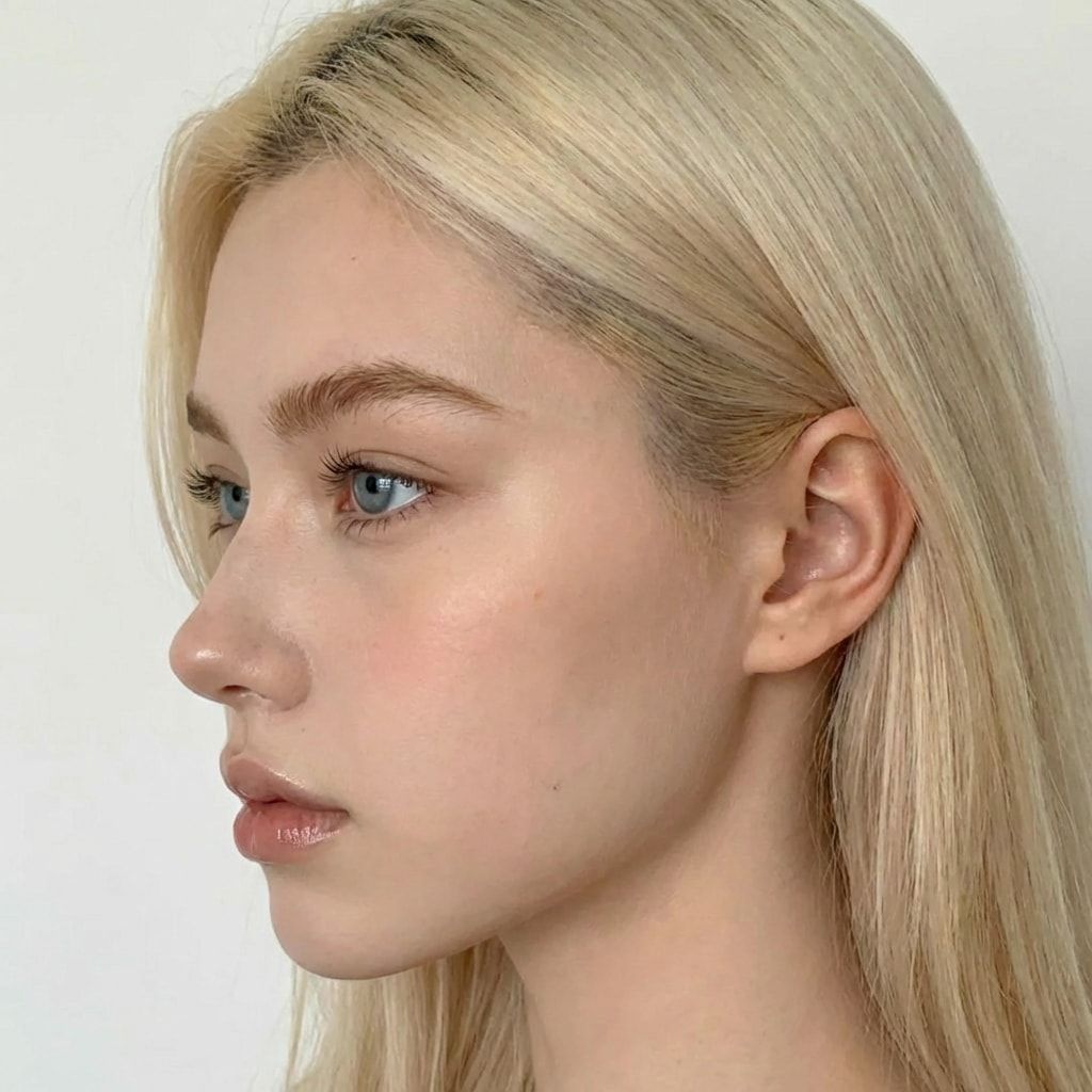 Blonde AI character, left side profile.