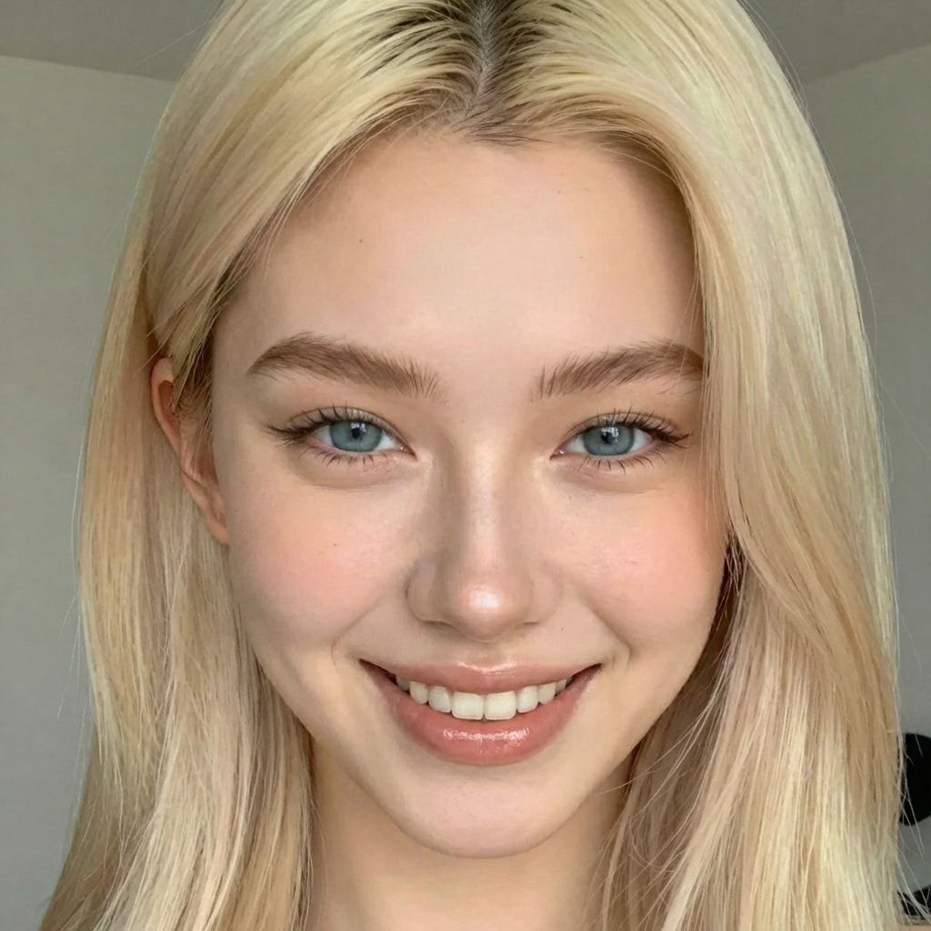 Blonde AI character, front view, smiling.