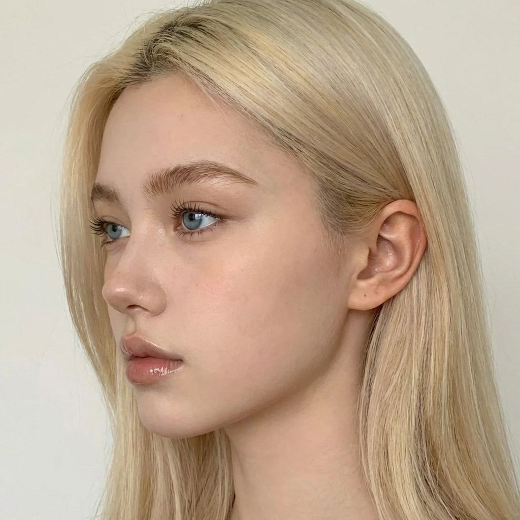 Blonde AI character, three-quarter view to the left.