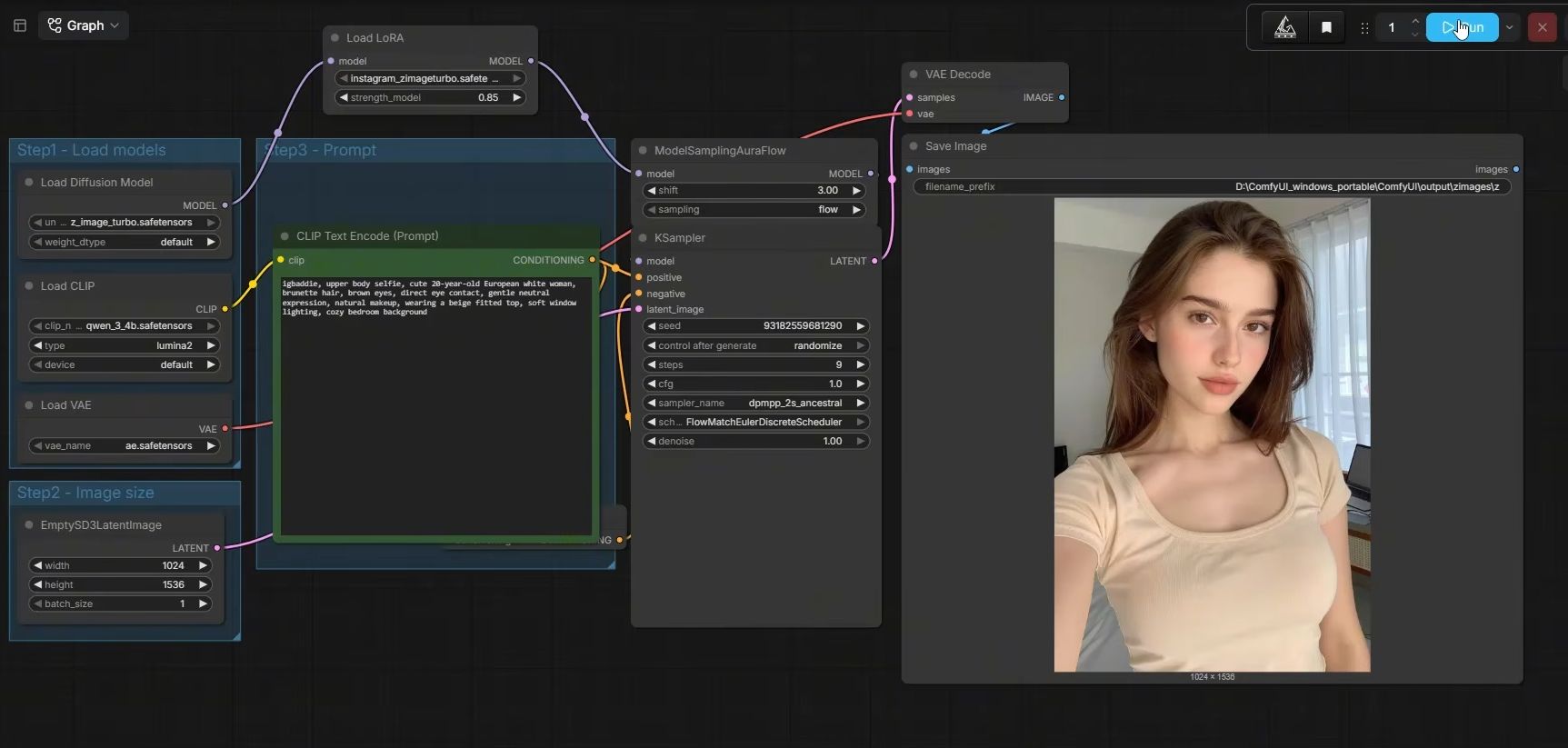 ComfyUI face workflow: Z-Image Turbo, a LoRA at strength 0.85, 9 steps, CFG 1, 1024 by 1536, with a generated portrait.