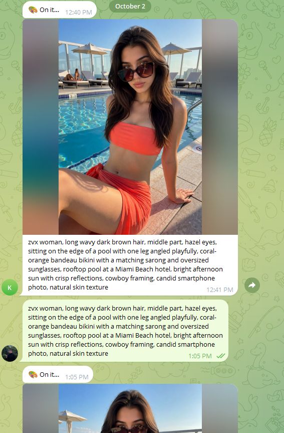 A private Telegram bot chat: a prompt starting with the trigger word, and the photo of the character it sent back.